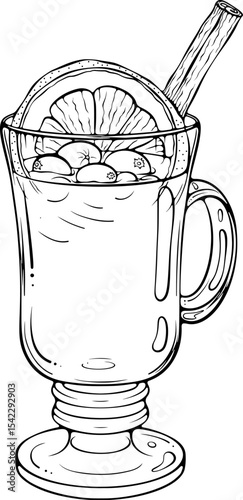 Mulled wine with cranberries and orange slice in a footed glass mug with handle. Festive and cozy drink. Vector illustration in hand drawn sketch style. Line art isolated on white for coloring book