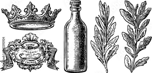 Vintage crown, heraldic label, and bottle with laurel leaves for classic branding design