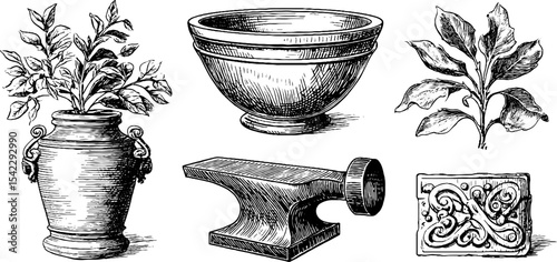Vintage collection of wrought iron and earthenware design elements for creative projects