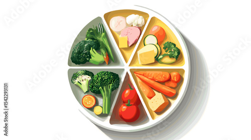 Colorful food plate chart divided into vegetable and protein segments Nutrition and diets