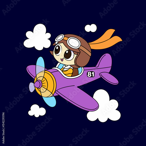 Cute aviator girl pilots a vintage airplane through the night sky.