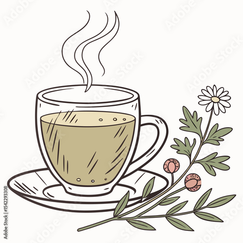 Illustration of a glass cup with a hot beverage on a saucer next to a chamomile flower and berries