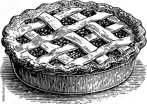 Vintage pie illustration in engraving style with lattice crust