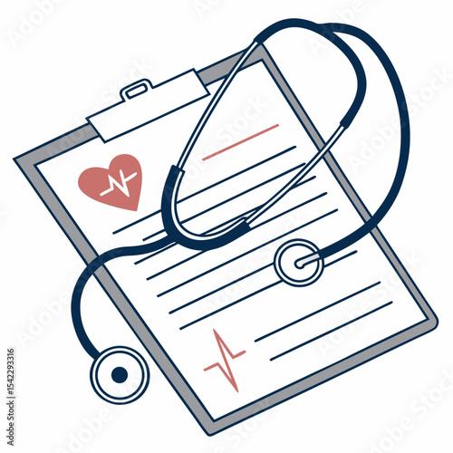 Illustration of a clipboard with medical chart, stethoscope, heart symbol and ekg line representing health care