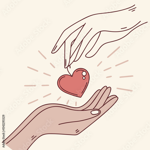 Two hands exchanging a heart with light rays emanating from it in a minimalist line art style design
