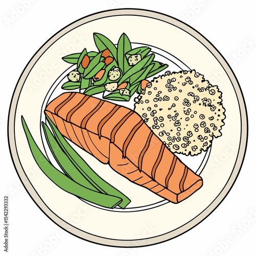 A plate of food featuring a piece of salmon with green beans and rice on a white plate with a black outline