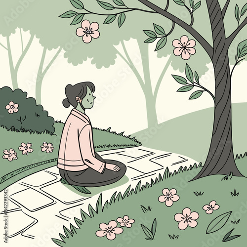 Woman meditating on a stone path under a tree with pink blossoms in a serene outdoor setting scene