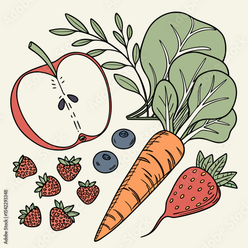 Illustration of an apple slice, strawberries, blueberries, carrot, beet and leafy green vegetables