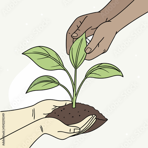 Illustration of two hands tending to a small green plant with leaves growing from a mound of soil carefully