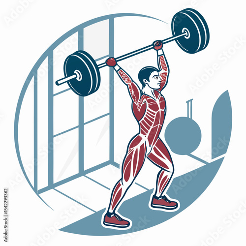Illustration of a muscular man lifting a barbell overhead in a gym setting with anatomical details shown