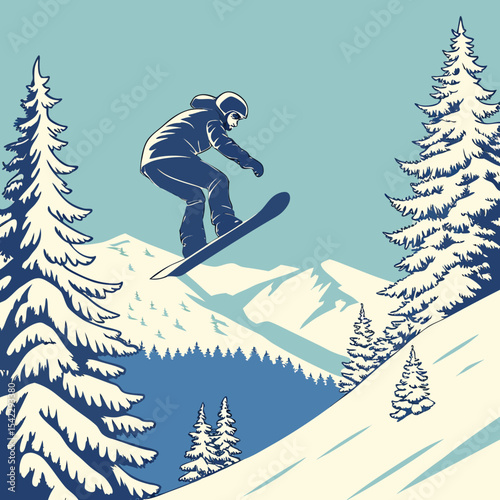 A snowboarder in midair against a backdrop of snow covered mountains and evergreen trees in winter scene