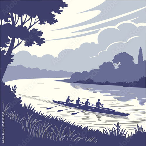 A scenic view of a rowing team on a river with trees and clouds in the background in monochrome style
