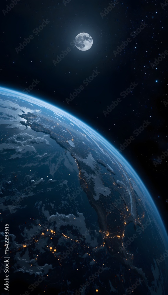 Obraz premium Earth At Night, A Peaceful View From Outer Space Shows Continents And Oceans Illuminated By A Gentle Moonlight. The Soft Glow Reveals Our Planet's Beauty. A Serene Cosmic Perspective.