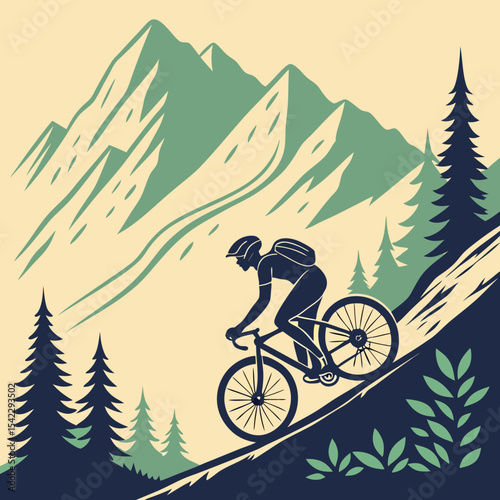A cyclist riding a bike on a mountain trail with trees and mountains in the background in a vintage style