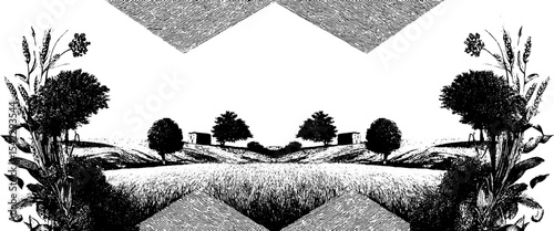 Vintage engraving style farm landscape with trees and fields for specialty cafe menu design