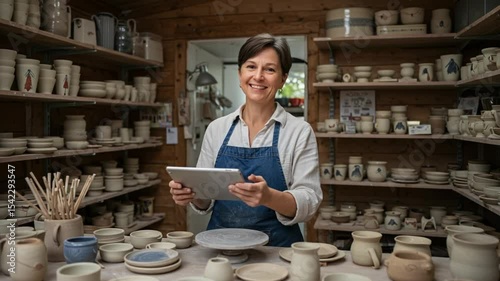 Smiling potter showcasing handmade ceramics in studio