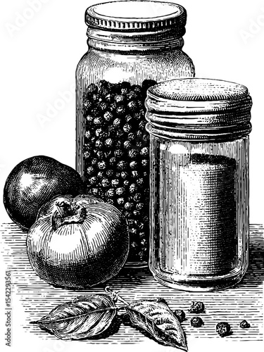 Vintage spice jar set in engraving style with aesthetic arrangement for kitchen decor