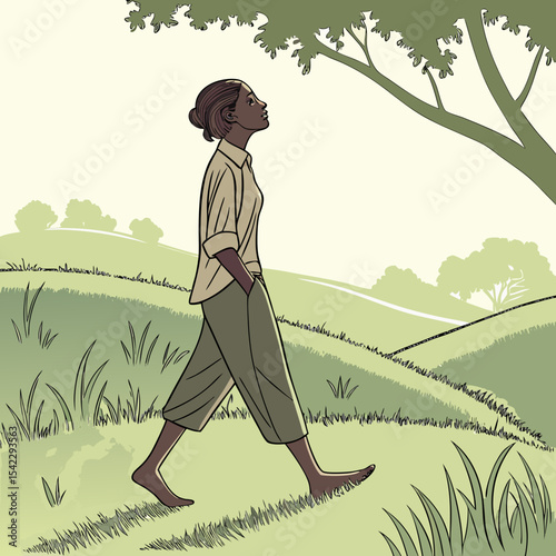 Woman walking barefoot through a grassy field looking up at a tree on a sunny day in the countryside
