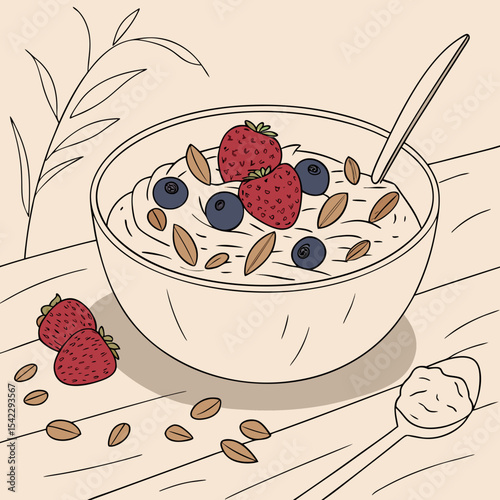 A bowl of oatmeal with strawberries blueberries and almonds on a wooden table with a spoon nearby is shown