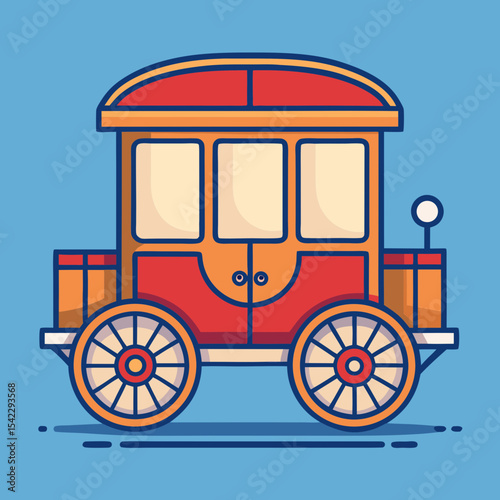 Retro Red and Yellow Wagon on Light Blue Background Cartoon Illustration