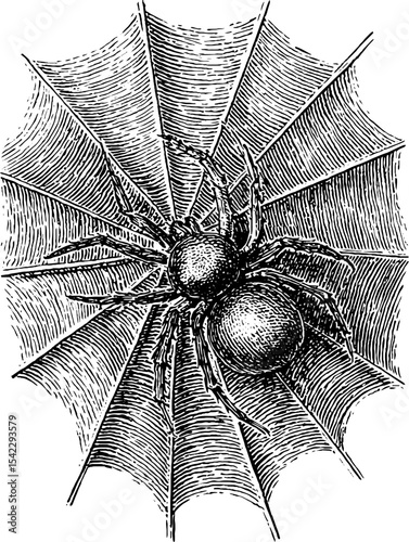 Vintage engraving of spider and web in detailed border design concept