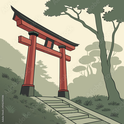 Illustration of a red torii gate with black accents and stairs leading up to it in a natural setting