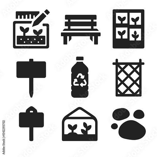DIY Garden Icons. Solid style icons of DIY garden projects: raised bed plan, pallet bench, vertical planter, recycled bottle,