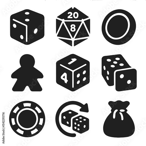 Gaming Dice Icons. Solid style icons of dice and tokens: six-sided die, 20-sided die, coin token, custom token, numbered die,