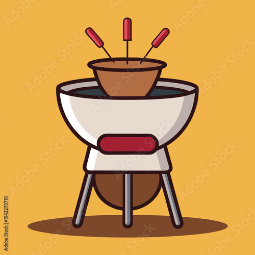 Stylized Cartoon Fondue Pot Illustration with Dipping Forks and Yellow Background