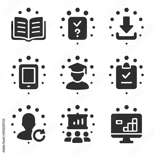 Education App Loading Icons. Solid style icons of education app loaders: learning module loading, quiz progress, course download,