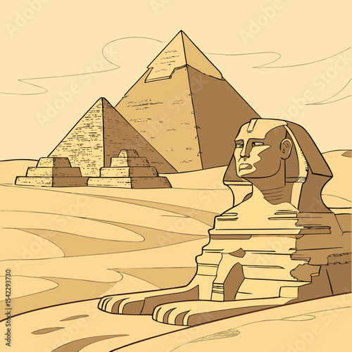 Illustration of the sphinx and pyramids in a desert landscape with a sepia color scheme drawing
