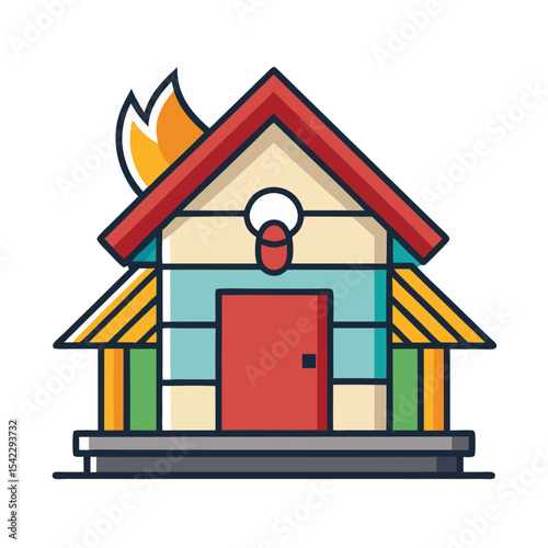 Cartoon house with fire, illustration representing danger or emergency event
