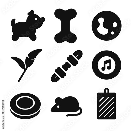 Pet Toys Icons. Solid style icons of pet toys: squeaky toy, chew bone, puzzle toy, feather wand, rope tug, ball with bell, frisbee