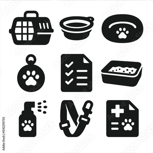 Pet Travel Essentials. Solid style icons of pet travel: travel crate, travel water bowl, travel bed, pet ID tag, travel checklist,