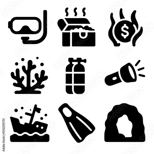 Underwater Treasure Icons. Solid style icons of underwater treasure hunt: diver mask, treasure chest underwater, seaweed-covered