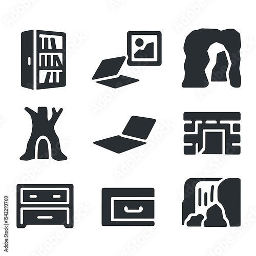 Secret Door Icons. Solid style icons of secret doors and hiding spots: rotating bookshelf, floor hatch, behind painting, cave wall