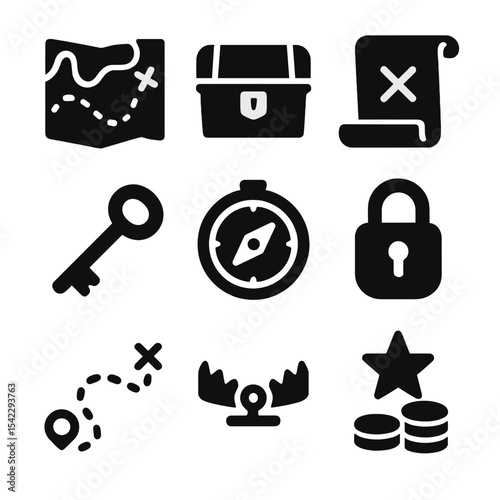 Treasure Hunt Icons. Solid style icons of treasure hunt icons pack: map icon, chest icon, clue icon, key icon, compass icon, lock