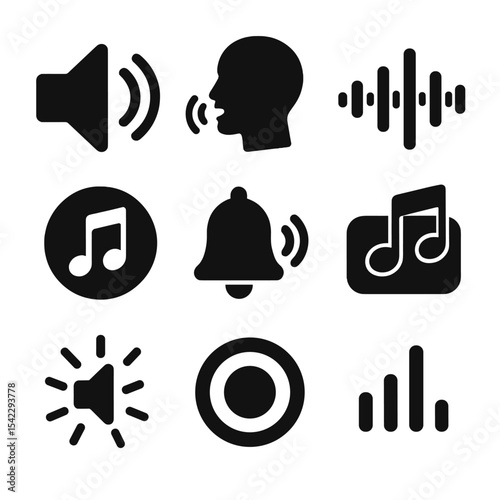 Audio Branding Icons. Solid style icons of audio branding: sound logo, sonic identity, audio wave logo, brand jingle icon, intro