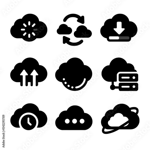 Cloud Loader Icons. Solid style icons of cloud-based loaders: cloud with spinner, cloud sync, download progress, upload arrows,