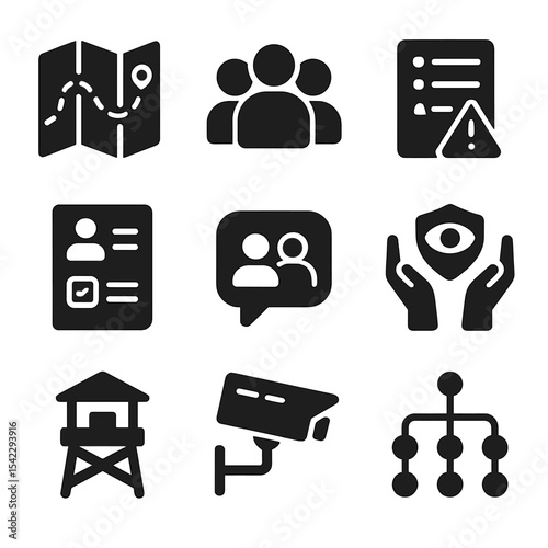 Neighborhood Watch Icons. Solid style icons of block watch organization: neighborhood map, team icon, alert list, sign-up sheet,