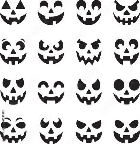 Collection of various halloween jack o lantern face designs in black and white isolated