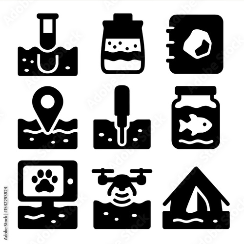 Underground Research Icons. Solid style icons of scientific research underground: water test tube, sediment sample bag, geology