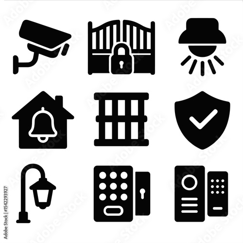 Neighborhood Security Icons. Solid style icons of neighborhood security: surveillance camera, locked gate, motion sensor light,