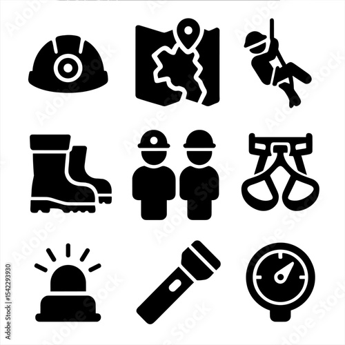Subterranean Exploration Icons. Solid style icons of subterranean exploration: headlamp helmet, cave map, rope descent, waterproof