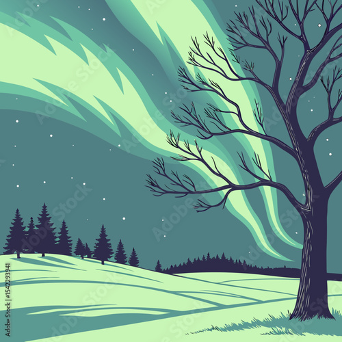 Illustration of a winter landscape with a bare tree and aurora borealis in the night sky illustration