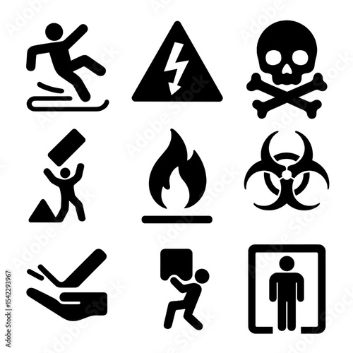 Workplace Hazard Icons. Solid style icons of workplace hazard signs: slippery floor sign, high voltage warning, toxic symbol,