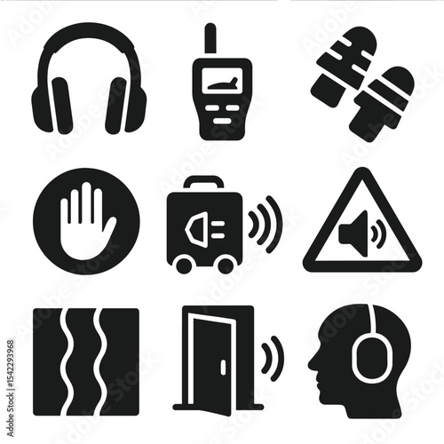 Noise Protection Icons. Solid style icons of noise protection: earmuffs, decibel meter, earplugs, quiet zone sign, loud equipment