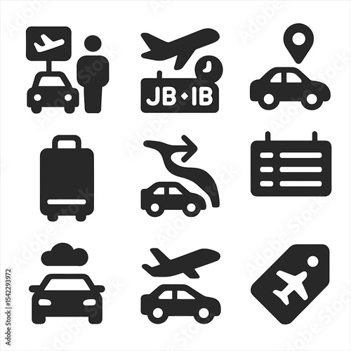 Airport Rideshare Icons. Solid style icons of airport rideshare: terminal pickup, flight number sync, rideshare zone, suitcase