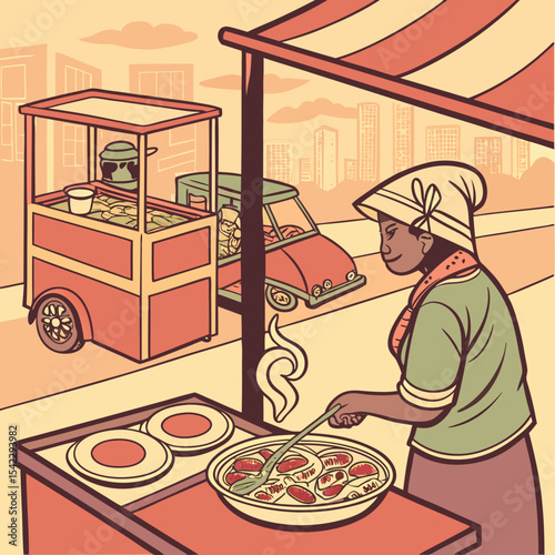 Illustration of a woman cooking food at a street vendor stand with a car and city buildings in the background