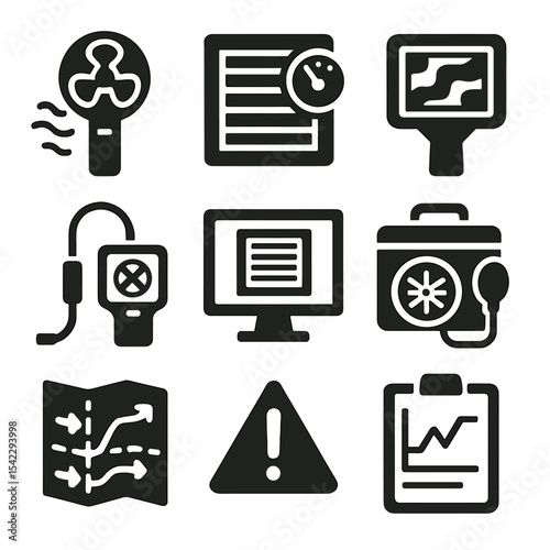 Ventilation Diagnostics Icons. Solid style icons of ventilation system diagnostics: airflow meter, vent pressure gauge, thermal